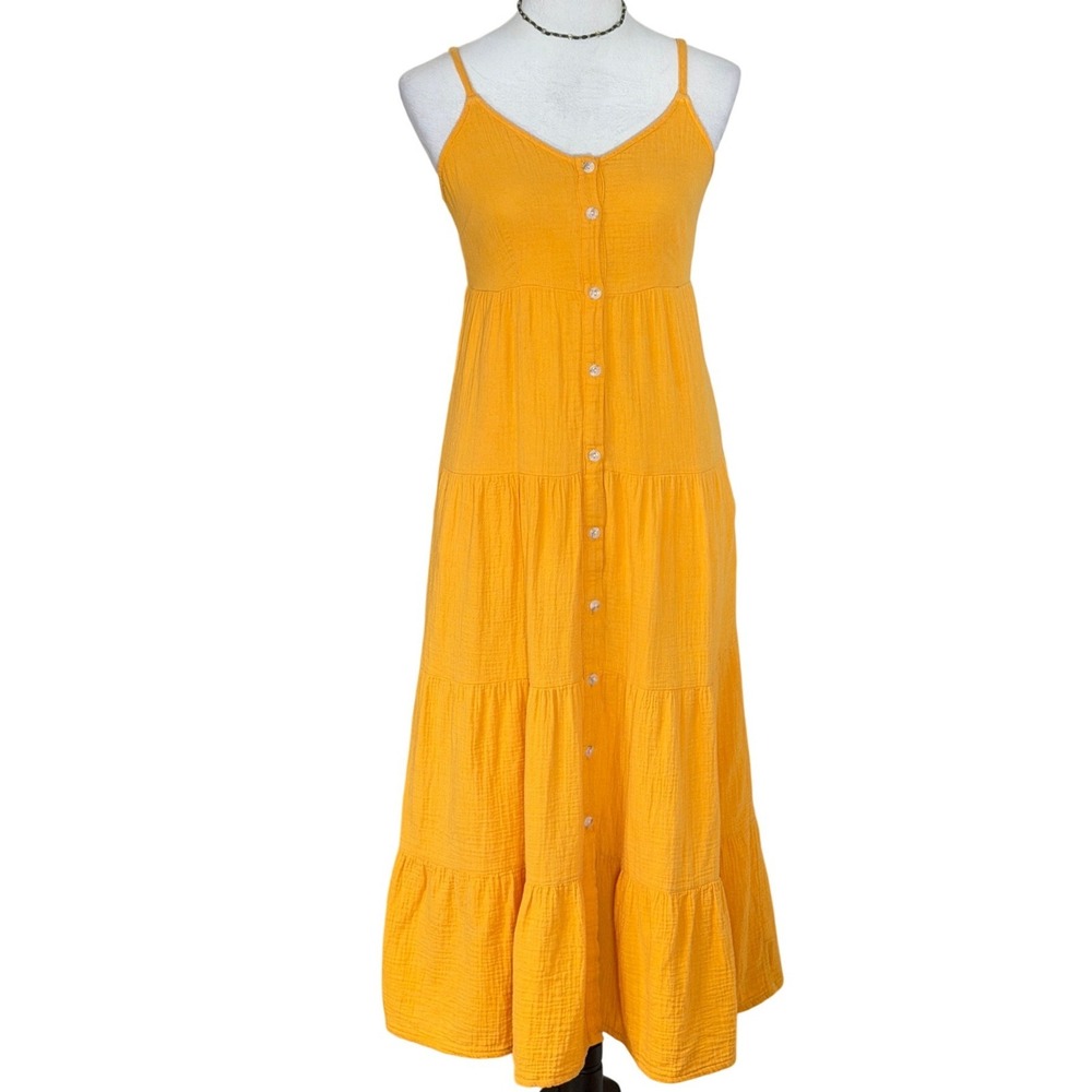 Universal Thread Yellow Tiered Cotton Gauze Maxi Sun Dress Button Front XS